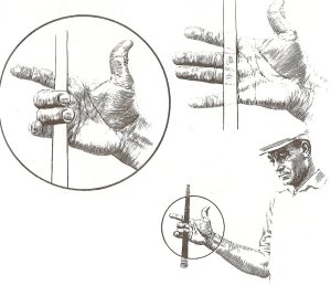 Như hình vẽ cho thấy, gậy nằm dọc khớp đầu các ngón của bàn tay phải. Hai ngón giữa tạo phần lớn áp lực.