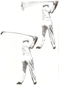 Hình trên: Nếu tay cầm sai, golfer sẽ không kiểm soát được gậy ở đỉnh của backswing.Hình dưới: Nếu tay cầm đúng, gậy sẽ được giữ chuẩn xác và được kiểm soát hoàn toàn khi ở đỉnh của backswing.